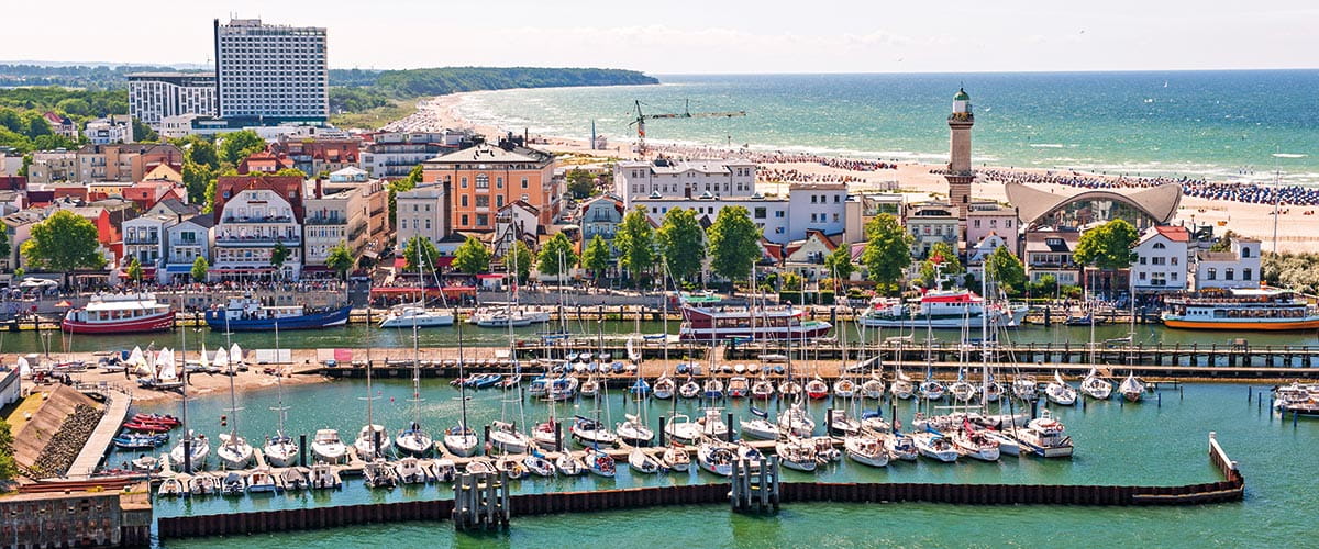 An aerial view of the port town of Warnemünde